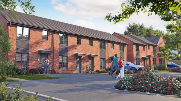 A CGI render of the housing development featuring The Maple housetype at Cotton Green, Derker.